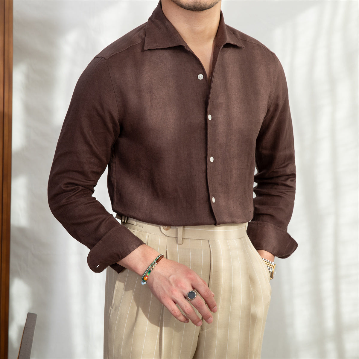 Italian Collar Cotton Oxford Men's Slim-fit Long-sleeved Shirt