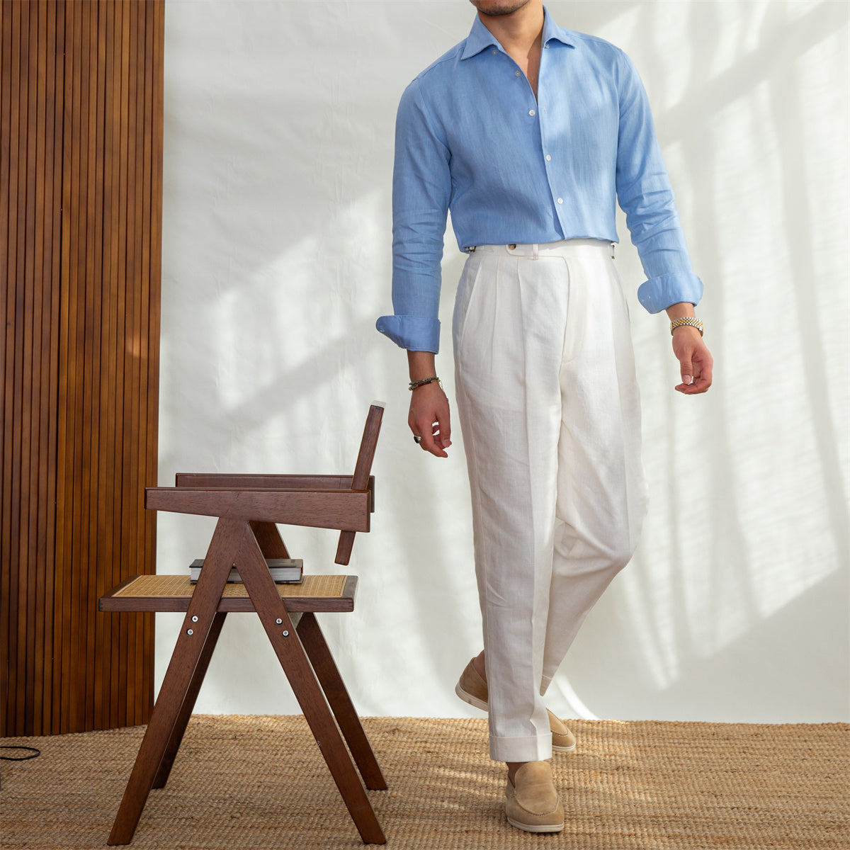 Italian Collar Cotton Oxford Men's Slim-fit Long-sleeved Shirt
