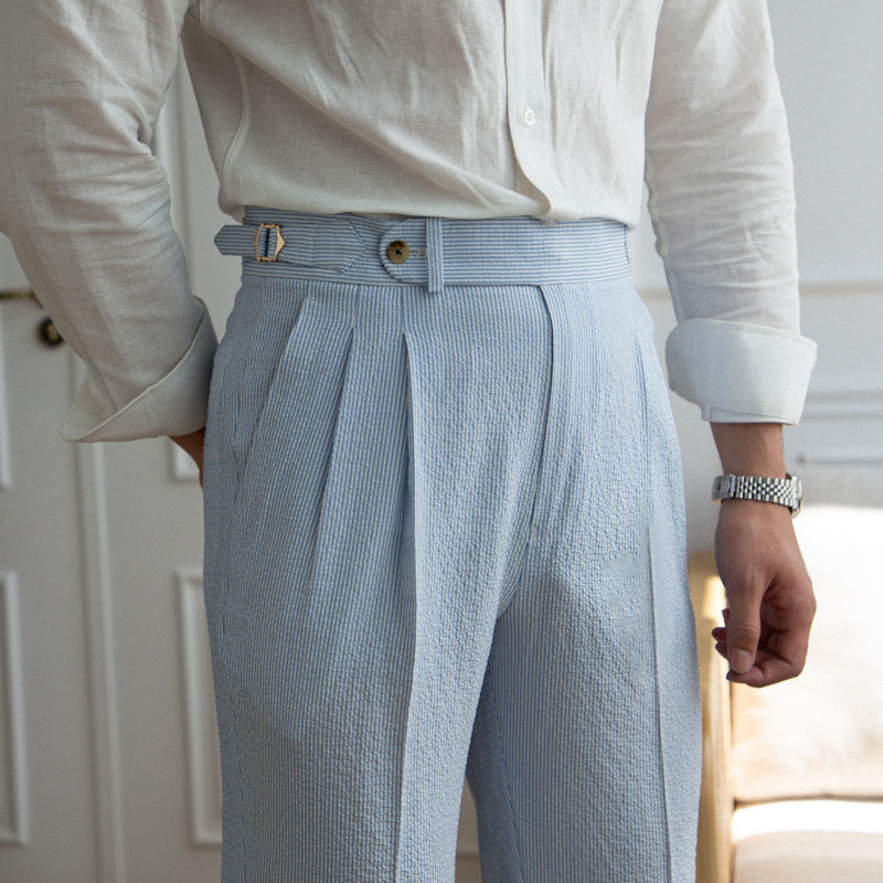 Blue Stripe On Seersucker High Waisted Straight Pants - Aimiliuz