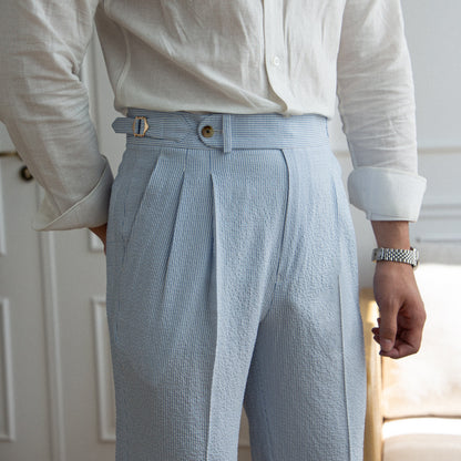 Blue Stripe On Seersucker High Waisted Straight Pants - Aimiliuz
