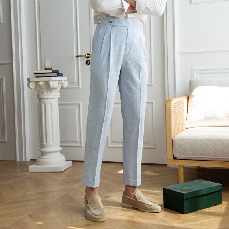 Blue Stripe On Seersucker High Waisted Straight Pants - Aimiliuz