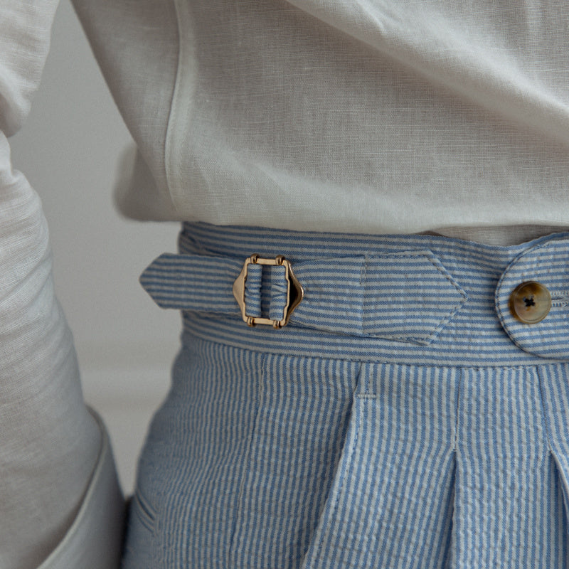 Blue Stripe On Seersucker High Waisted Straight Pants - Aimiliuz