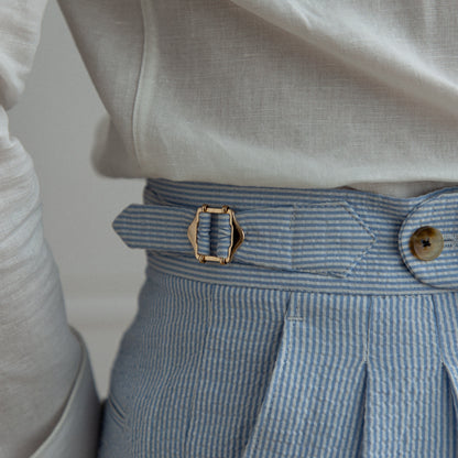 Blue Stripe On Seersucker High Waisted Straight Pants - Aimiliuz