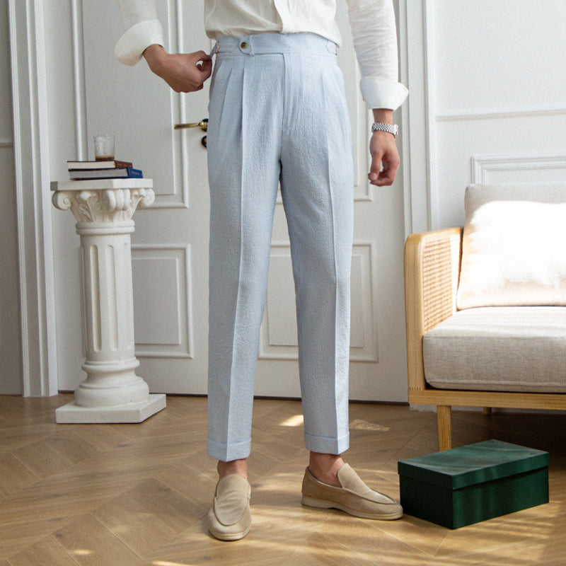 Blue Stripe On Seersucker High Waisted Straight Pants - Aimiliuz